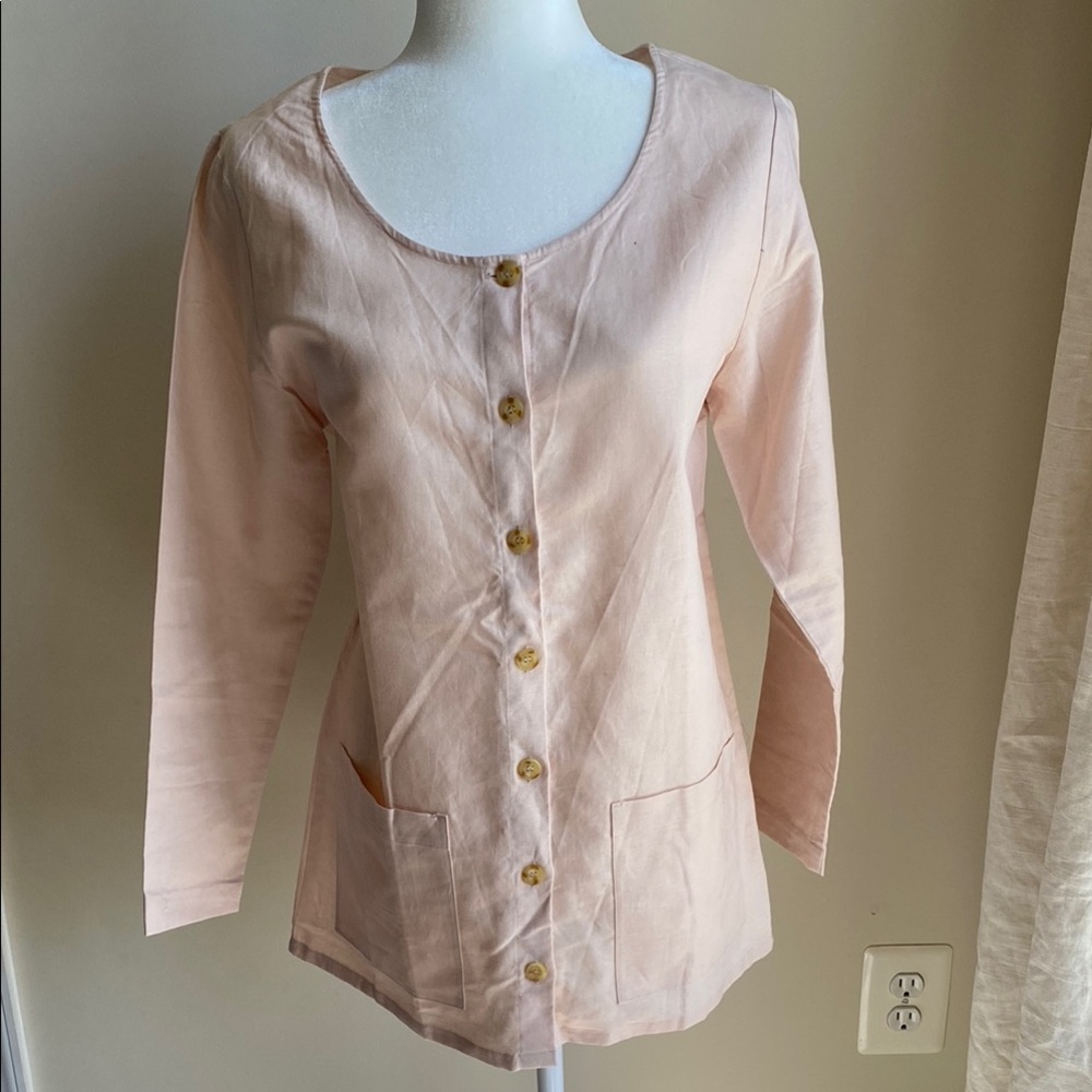VTG Sarah Chapman Linen Cotton Shirt Jacket Scoop Neck With Pockets Full Button